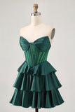 Verde escuro frisado A-line Strapless Corset Homecoming Dress