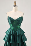Verde escuro frisado A-line Strapless Corset Homecoming Dress
