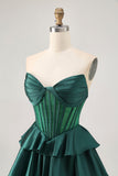 Verde escuro frisado A-line Strapless Corset Homecoming Dress