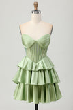 Verde escuro frisado A-line Strapless Corset Homecoming Dress