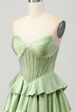 Verde escuro frisado A-line Strapless Corset Homecoming Dress