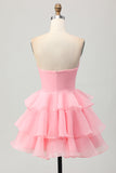 Bonito Blush A-Line Strapless Cut out Tiered Vestido Curto Homecoming