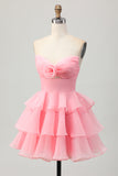 Bonito Blush A-Line Strapless Cut out Tiered Vestido Curto Homecoming
