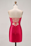 Strapless Cut out Fuchsia frisado vestido apertado Homecoming