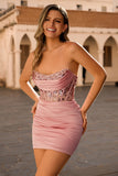 Blush Strapless Corset Short Bodycon Homecoming Vestido com Sequins