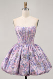 Roxo Strapless Brocade A-Line Corset Mini Homecoming Vestido com Bubble-Hem
