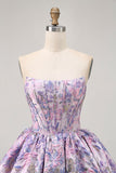 Roxo Strapless Brocade A-Line Corset Mini Homecoming Vestido com Bubble-Hem
