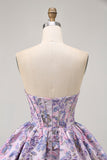 Roxo Strapless Brocade A-Line Corset Mini Homecoming Vestido com Bubble-Hem