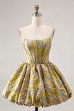 Amarelo Strapless Fit e Flare Brocade A-Line Vestido Curto Homecoming