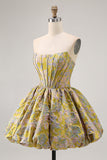 Amarelo Strapless Fit e Flare Brocade A-Line Vestido Curto Homecoming