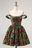 Off The Shoulder Brocado Verde Escuro Floral Uma Linha Vestido Homecoming Impresso