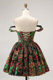 Off The Shoulder Brocado Verde Escuro Floral Uma Linha Vestido Homecoming Impresso