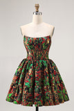 Off The Shoulder Brocado Verde Escuro Floral Uma Linha Vestido Homecoming Impresso