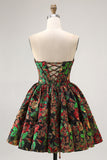 Off The Shoulder Brocado Verde Escuro Floral Uma Linha Vestido Homecoming Impresso