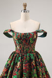 Off The Shoulder Brocado Verde Escuro Floral Uma Linha Vestido Homecoming Impresso