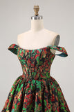 Off The Shoulder Brocado Verde Escuro Floral Uma Linha Vestido Homecoming Impresso