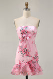 Branco Azul Flor Bodycon Strapless Impresso Vestido Curto Homecoming