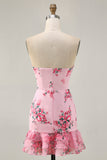 Branco Azul Flor Bodycon Strapless Impresso Vestido Curto Homecoming