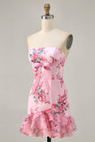 Branco Azul Flor Bodycon Strapless Impresso Vestido Curto Homecoming