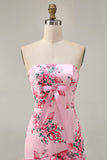 Branco Azul Flor Bodycon Strapless Impresso Vestido Curto Homecoming