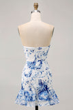 Branco Azul Flor Bodycon Strapless Impresso Vestido Curto Homecoming