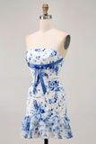 Branco Azul Flor Bodycon Strapless Impresso Vestido Curto Homecoming