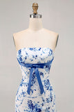 Branco Azul Flor Bodycon Strapless Impresso Vestido Curto Homecoming