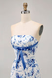 Branco Azul Flor Bodycon Strapless Impresso Vestido Curto Homecoming