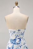 Branco Azul Flor Bodycon Strapless Impresso Vestido Curto Homecoming