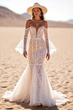 Branco Sem Ombros Trompete/sereia Sweep/Brush Trem Vestido de Noiva Boho