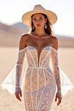 Branco Sem Ombros Trompete/sereia Sweep/Brush Trem Vestido de Noiva Boho
