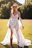 Branco Linha-A Espartilho Renda Sweep/Brush Trem Vestido de Noiva Boho