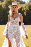 Branco Linha-A Espartilho Renda Sweep/Brush Trem Vestido de Noiva Boho