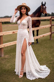Branco Renda Decote em V Sweep/Brush Trem Vestido de Noiva Boho com Fenda