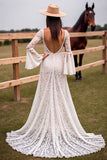 Branco Renda Decote em V Sweep/Brush Trem Vestido de Noiva Boho com Fenda