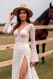 Branco Renda Decote em V Sweep/Brush Trem Vestido de Noiva Boho com Fenda