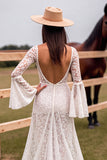 Branco Renda Decote em V Sweep/Brush Trem Vestido de Noiva Boho com Fenda