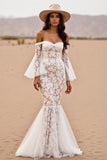 Branco Trompete/sereia Renda Sweep/Brush Trem Vestido de Noiva Boho