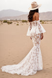 Branco Trompete/sereia Renda Sweep/Brush Trem Vestido de Noiva Boho