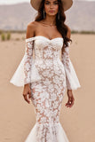 Branco Trompete/sereia Renda Sweep/Brush Trem Vestido de Noiva Boho