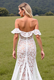 Branco Sem Ombros Renda Assimétrico Sweep/Brush Trem Vestido de Noiva Boho