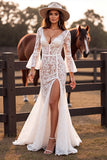 Branco Decote em V Sereia Renda Longos Vestido de Noiva Boho com Fenda