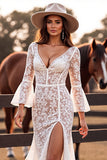 Branco Decote em V Sereia Renda Longos Vestido de Noiva Boho com Fenda