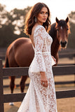 Branco Decote em V Sereia Renda Longos Vestido de Noiva Boho com Fenda