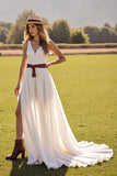 Branco Decote em V Linha-A Sweep/Brush Trem Vestido de Noiva com Fenda