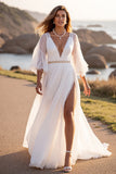 Branco A Line V Neck Sweep Train Vestido de Noiva com Fenda