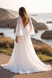 Branco A Line V Neck Sweep Train Vestido de Noiva com Fenda