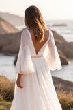 Branco A Line V Neck Sweep Train Vestido de Noiva com Fenda