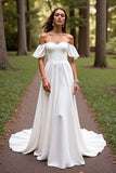 Branco simples Uma linha varrer trem vestido de noiva com babados