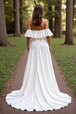 Branco simples Uma linha varrer trem vestido de noiva com babados